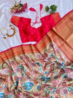 Cream And Pink Soft Handloom Banarasi Silk Saree